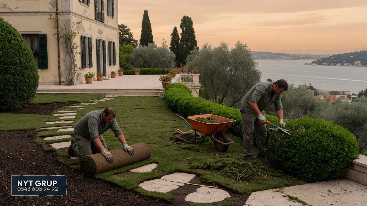 Villa bahçesinde çim serimi, budama ve yürüyüş yolu peyzaj çalışması